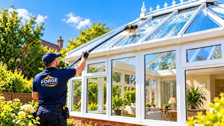 Conservatory roof and frames being cleaned with a water-fed brush
