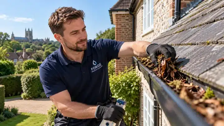Gutter cleaner removing leaves and debris from a house gutter