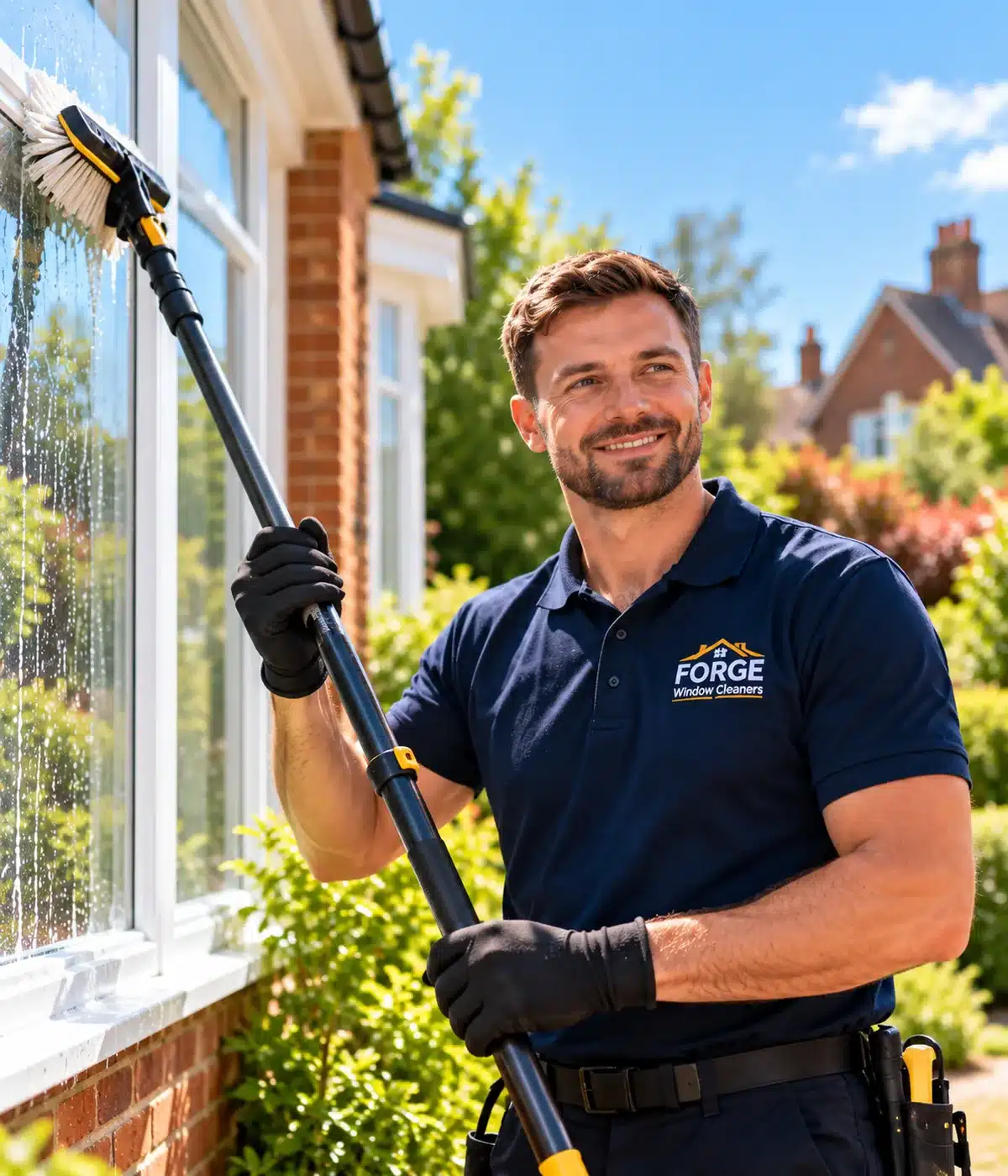 FORGE window cleaner holding a water-fed cleaning pole outside a home