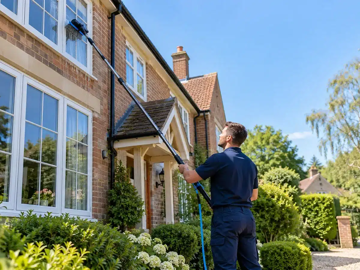forge window final cta Professional window cleaner using a water-fed pole to clean a home in Winchester