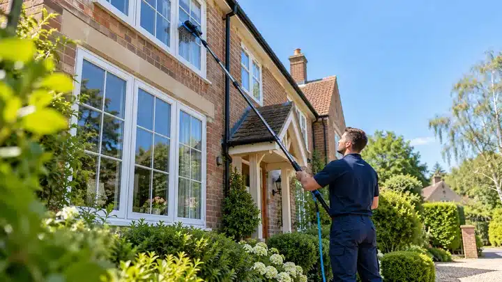 Window cleaner using a water-fed pole to clean house windows